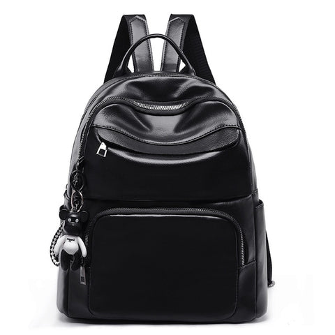 New Vintage Soft Leather Women Backpack Cute Bear Pendant School Bag For Teenage Girls Light & Large Capacity Ladies Travel Bags