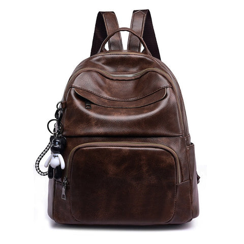New Vintage Soft Leather Women Backpack Cute Bear Pendant School Bag For Teenage Girls Light & Large Capacity Ladies Travel Bags