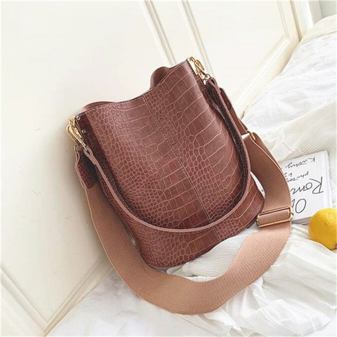 Vintage Casual Bucket Bags for Women Shoulder Bag Alligator pattern Quality Pu Leather Messenger Bag Big Tote Popular Style 2019