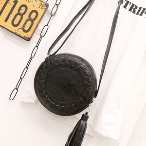 New Fashion Women Bag Tassel Round Weave Cross Body Shoulder Bag Ladies Pu Leather Handbag Cute Roll Girl Beach Bag Bolsos Mujer