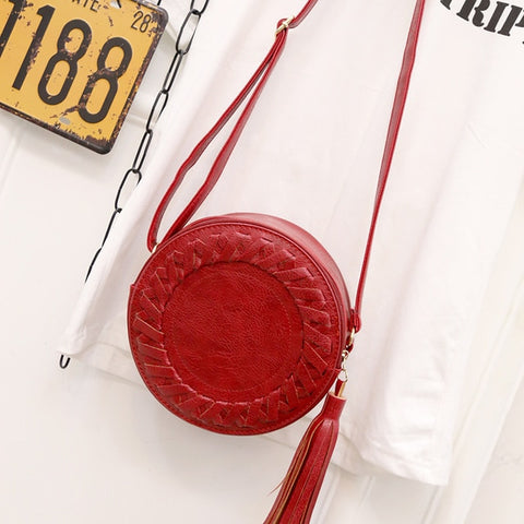 New Fashion Women Bag Tassel Round Weave Cross Body Shoulder Bag Ladies Pu Leather Handbag Cute Roll Girl Beach Bag Bolsos Mujer