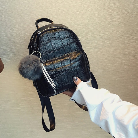 LUYO Mini Black Backpack Women Stone Leather Backpacks For Girls Small Ladies Casual Daypack With Hairball Sac A Dos Rucksack
