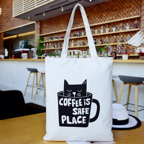 Casual Canvas Tote Handbag Women Cartoon Cat Shoulder Bag Female Summer Beach Bag Shoulder Bag Lady BB469