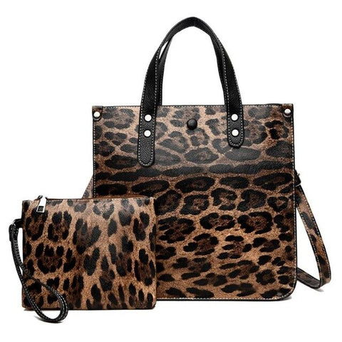 2pcs Leopard Pattern Leather Handbags Women Composite Tote Bag Shoulder Messenger Square Handbag Retro Animal Prints Bag