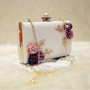 LJL Fashion Women Leather Evening Bag Dinner Party Lady Wedding Flower Clutch Purse(white)