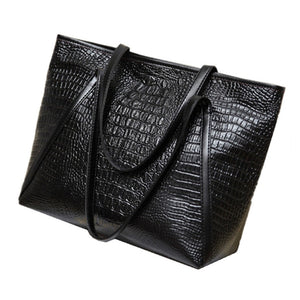 LJL New fashion casual glossy alligator totes large capacity ladies simple shopping handbag PU leather shoulder bags(Black)