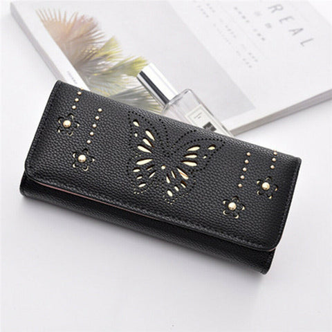 New Women's Ladies PU Leather Clutch Wallet Butterfly Hollow Out Long Card Money Holder Case Purse Bgas