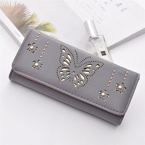 New Women's Ladies PU Leather Clutch Wallet Butterfly Hollow Out Long Card Money Holder Case Purse Bgas