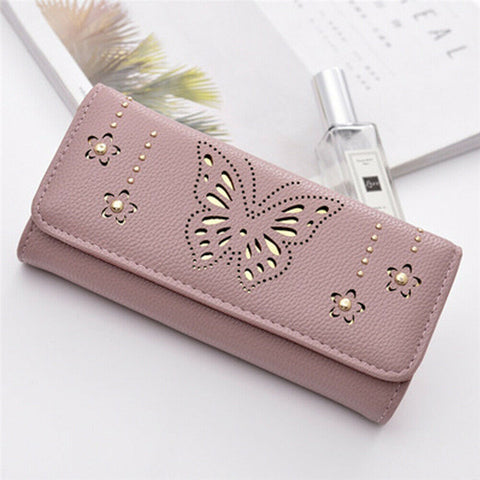 New Women's Ladies PU Leather Clutch Wallet Butterfly Hollow Out Long Card Money Holder Case Purse Bgas
