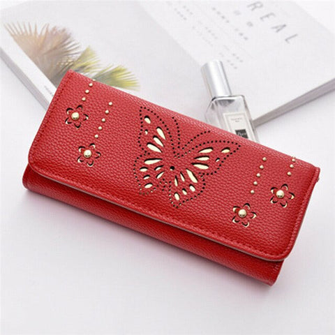 New Women's Ladies PU Leather Clutch Wallet Butterfly Hollow Out Long Card Money Holder Case Purse Bgas