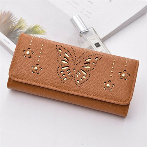 New Women's Ladies PU Leather Clutch Wallet Butterfly Hollow Out Long Card Money Holder Case Purse Bgas